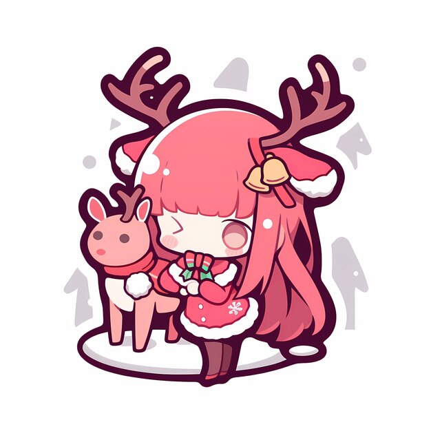 Minimal giapponese Kawaii Christmas Deer Girl Chibi Anime Vector Art Sticker con linea pulita in grassetto