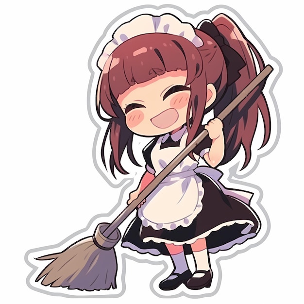 Minimal giapponese Kawaii Happy Maid Girl Sweeping Chibi Anime Vector Art Sticker con linea pulita e audace