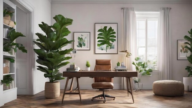 Minimal home office interior design con pianta di fichi a foglia di fiddle