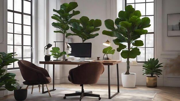 Minimal home office interior design con pianta di fico fiddleleaf