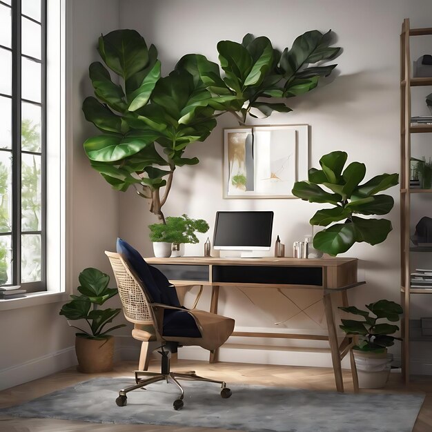 Minimal home office interior design con pianta di fico fiddleleaf