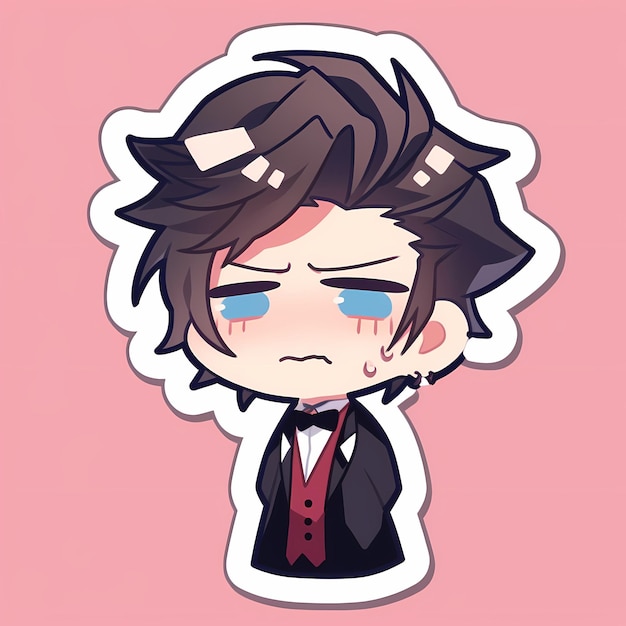 Minimal Japanese Kawaii Butler Boy Chibi Anime Vector Art Sticker con Clean Bold Line Cute Simple