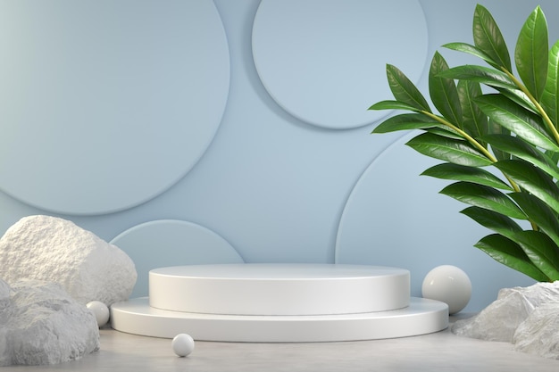 Minimal Mockup Step Podio Display Tropic Plant Sfondo astratto blu Rendering 3d