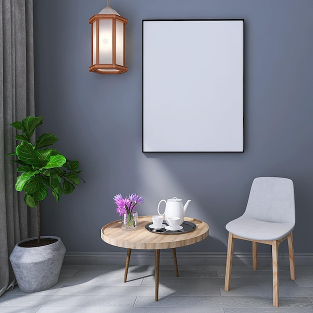 Minimal Soggiorno Interior Design con Sedia Poster Bianco Cornice Mockup Tavolino Lampada Da Parete