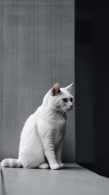 Minimalismo gatto bianco su una parete di sfondo grigio con spazio libero