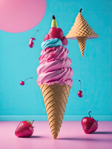Minimalismo gelato rosa con ciliegie ai generativo