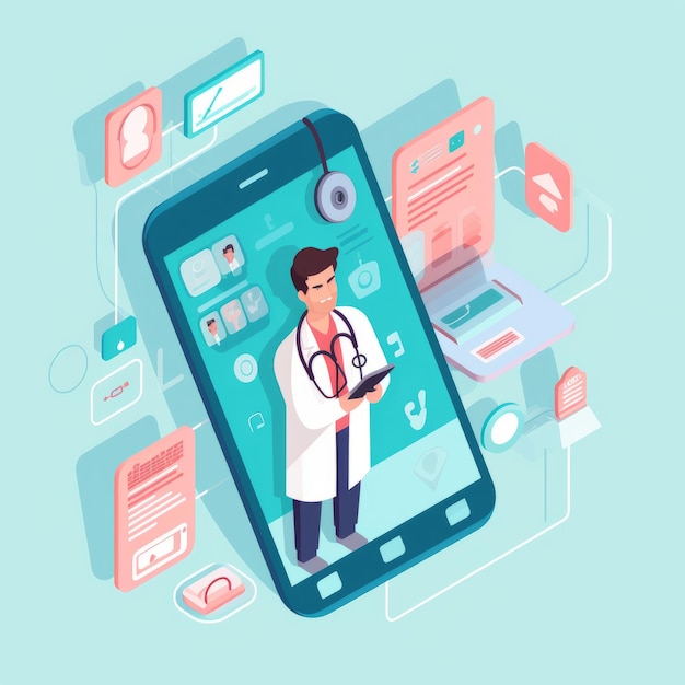 Minimalismo moderno Una vista aerea di 120 di consultazione medica online tramite illustrazione vettoriale del telefono