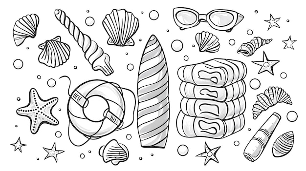 Minimalista Black Line Art of Beach Essentials su serena tela bianca