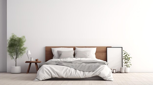 Minimalista camera da letto moderna mockup di interior design con letto bianco e cornice vuota Generative AI