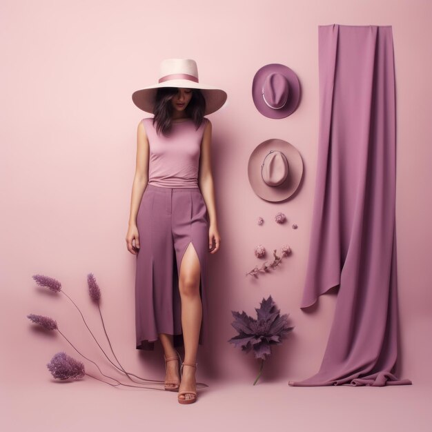 Minimalista Mauve Una modella in rosa con cappello e scarpe