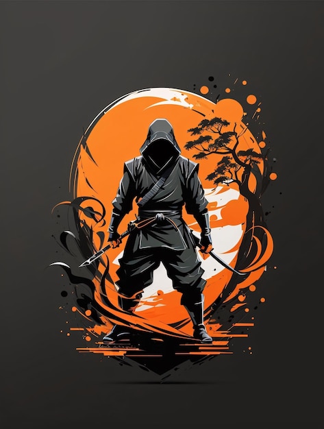 Minimalista Ninja Vector in arancione e nero Illustrazione per Tshirt Design