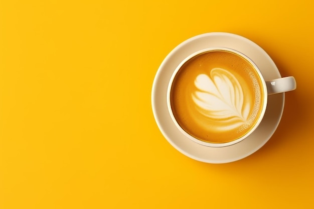 Minimalista tazza di caffè bianca illuminata dal sole con disegno di latte su sfondo giallo Una delizia visiva alla moda