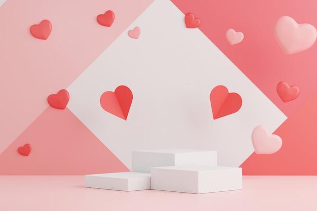 Minimo 3d di display podio con sfondo di cuore adorabile per San Valentino.