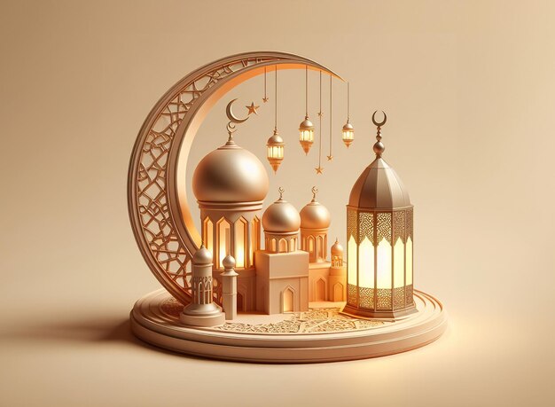 minimo oro 3d cresecnt luna elementi arabi lampada islamica moschea Eid Mubarak tema notte delle luci