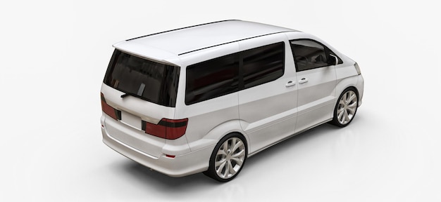 Minivan bianco per il trasporto di persone. Illustrazione tridimensionale su sfondo bianco lucido. rendering 3D.