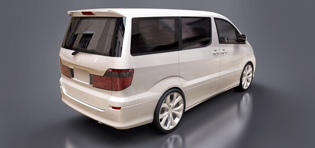 Minivan bianco per trasporto persone. Illustrazione tridimensionale su sfondo grigio lucido. rendering 3D.