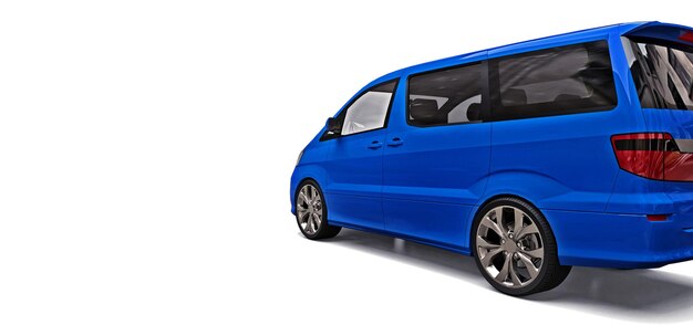 Minivan blu per il trasporto di persone Illustrazione tridimensionale su sfondo grigio lucido Rendering 3d