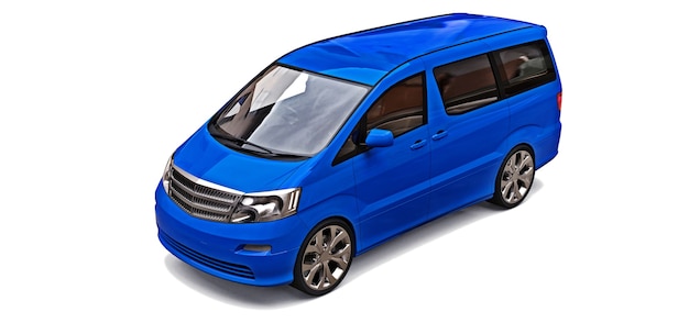 Minivan blu per il trasporto di persone. Illustrazione tridimensionale su sfondo grigio lucido. rendering 3D.