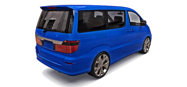 Minivan blu per trasporto persone. Illustrazione tridimensionale su sfondo grigio lucido. rendering 3D.