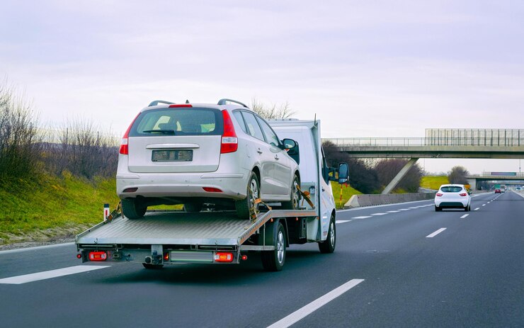 Minivan con rimorchio di traino basso su strada. Veicolo auto mini furgone con trasportatore trasportatore su strada carrabile. Logistica dei trasporti europea al trasporto di lavoro di trasporto. Trasporto con conducente in autostrada.