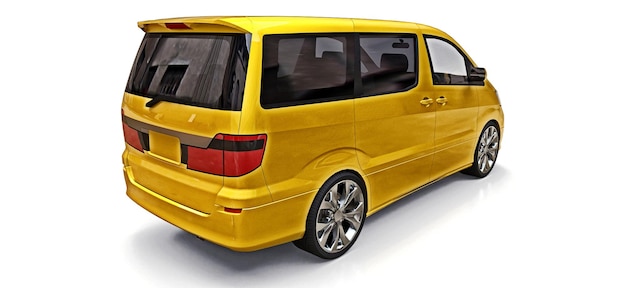 Minivan giallo per il trasporto di persone. Illustrazione tridimensionale su sfondo bianco. rendering 3D.