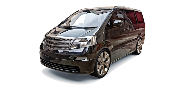 Minivan nero per il trasporto di persone. Illustrazione tridimensionale su uno spazio grigio lucido. Rendering 3d.