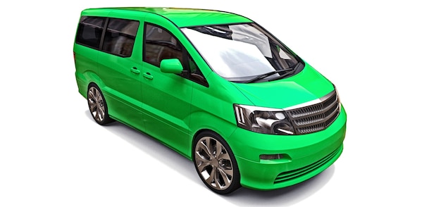 Minivan verde per il trasporto di persone. Illustrazione tridimensionale su sfondo bianco. rendering 3D.