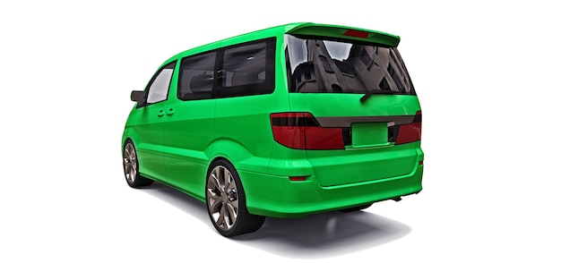 Minivan verde per il trasporto di persone. Illustrazione tridimensionale su sfondo bianco. rendering 3D.