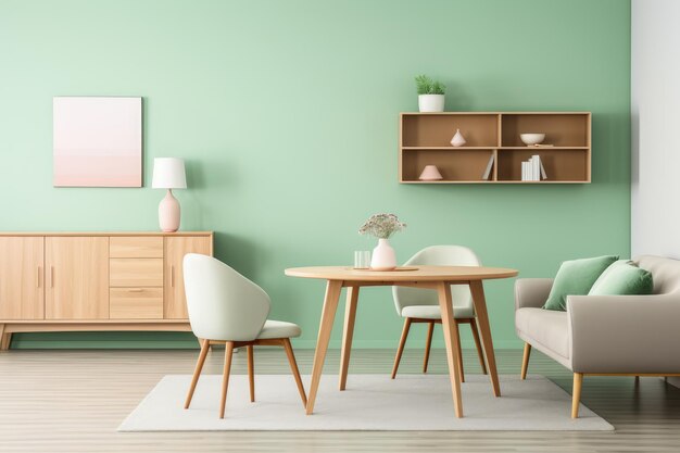 Mint color interior design moderno salotto rotondo tavolo da pranzo in legno divano armadietto vicino parete verde