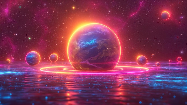 Miracolo Terra con anelli di neon luminosi Fantastica Terra carta da parati AI