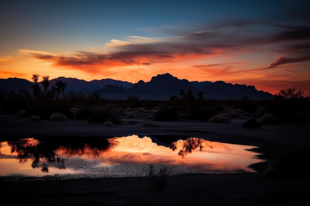 Miraggio del deserto che riflette i colori di un tramonto con sagome di montagne sullo sfondo