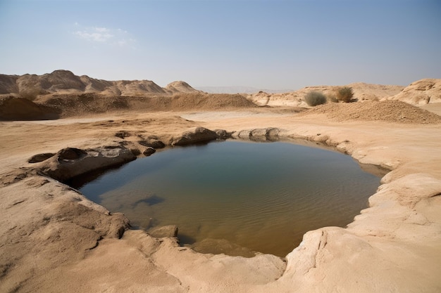 Miraggio del deserto di una pozza di acqua fresca e rinfrescante nel deserto caldo e secco