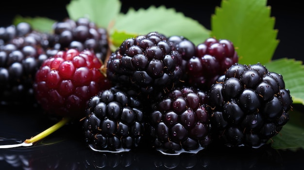 mirtillo fresco con foglie verdi e gocce d'acqua Un piatto gustoso e appetitoso ricco di vitamine