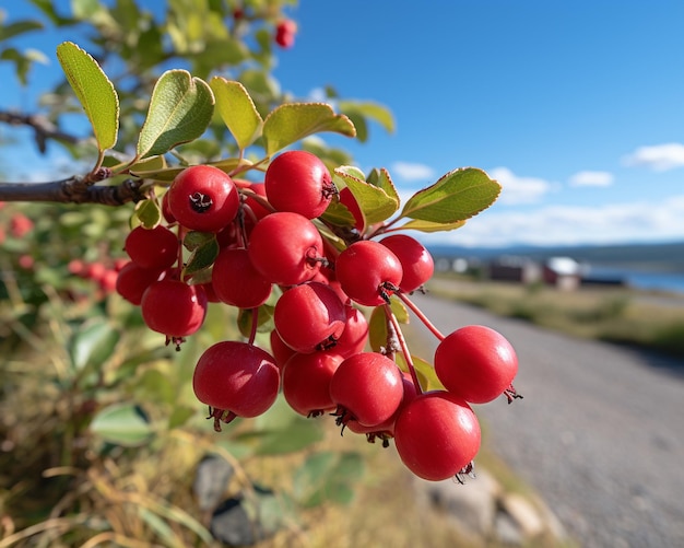 Mirtillo rosso appeso a un albero foto realistica con risoluzione 4K generata dall'IA