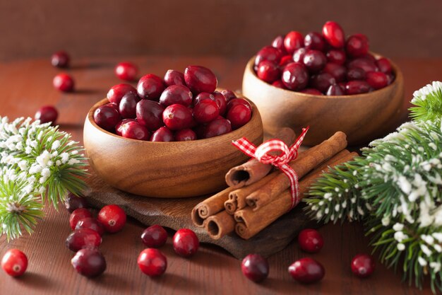 Mirtillo rosso fresco in ciotole di legno, decorazione invernale