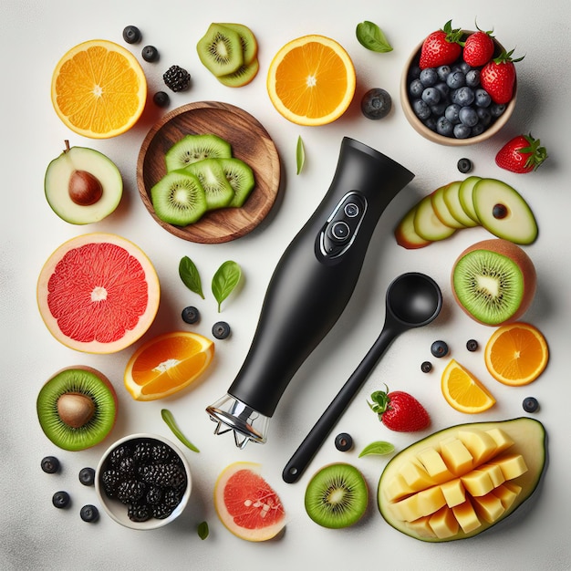 Miscelatore a mano elettrico nero e accessori con frutta tagliata su sfondo bianco