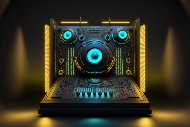 Miscelatore DJ moderno astratto sul tavolo, luce colorata cyberpunk e fumi intorno, Generative ai