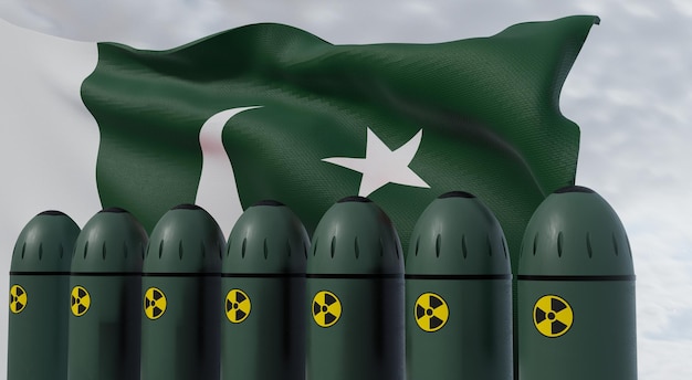 Missili nucleari e bandiera del Pakistan sullo sfondo I missili con testate sono pronti per essere lanciati