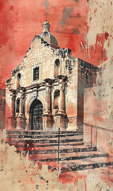 Missione Alamo a San Antonio con Adobe Texture Vintage News Illustration Trending Background Decor