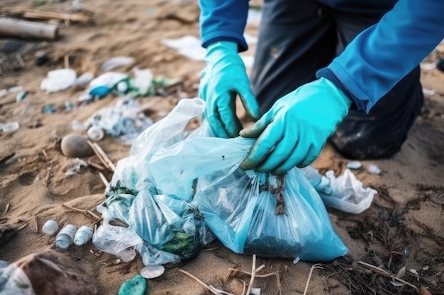 Missione di pulizia delle spiagge Mani umane raccolgono i rifiuti per una costa più pulita