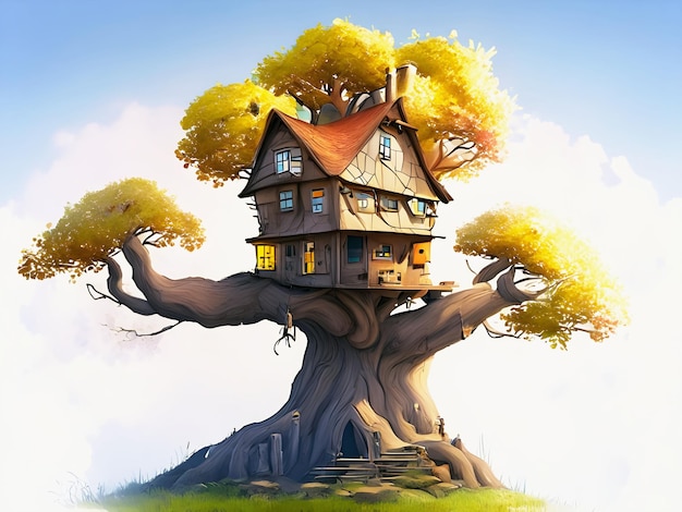 Misteriosa casa di legno sullo sfondo di un albero Generato dall'intelligenza artificiale