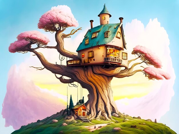 Misteriosa casa di legno sullo sfondo di un albero Generato dall'intelligenza artificiale