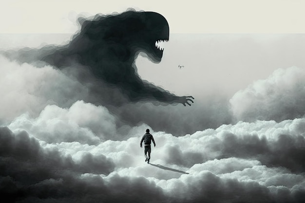 Misteriosa figura nera che fluttua tra le nuvole e creatura che cammina nell'aria creata con l'IA generativa