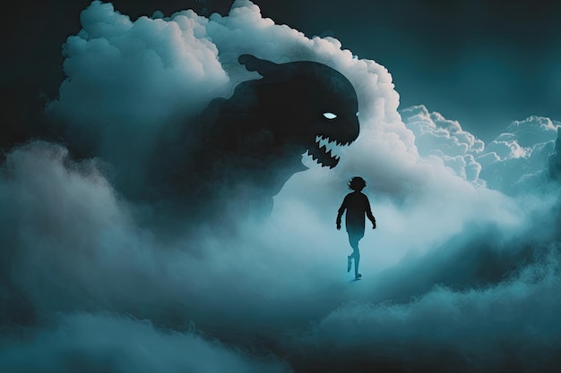 Misteriosa figura nera che fluttua tra le nuvole e creatura che cammina nell'aria creata con l'IA generativa