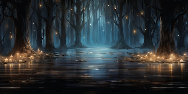 Misteriosa foresta oscura di Halloween con candele luminose e nebbia