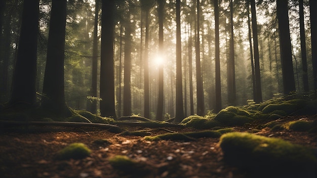 Misteriosa foresta verde scuro con raggi solari che passano attraverso gli alberi