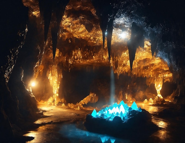 Misteriosa grotta sotterranea con cristalli luminosi e paesaggio sotterraneo scuro del fiume