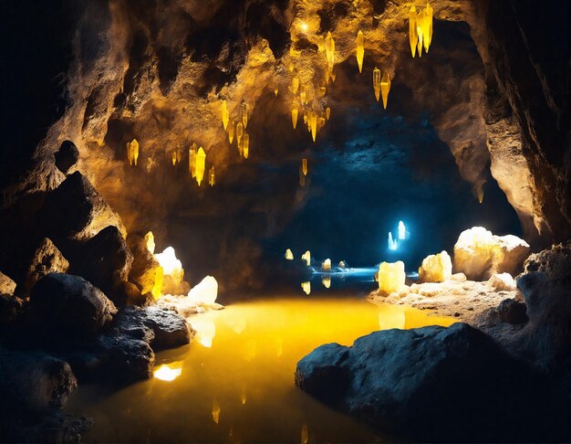 Misteriosa grotta sotterranea con cristalli luminosi e paesaggio sotterraneo scuro del fiume