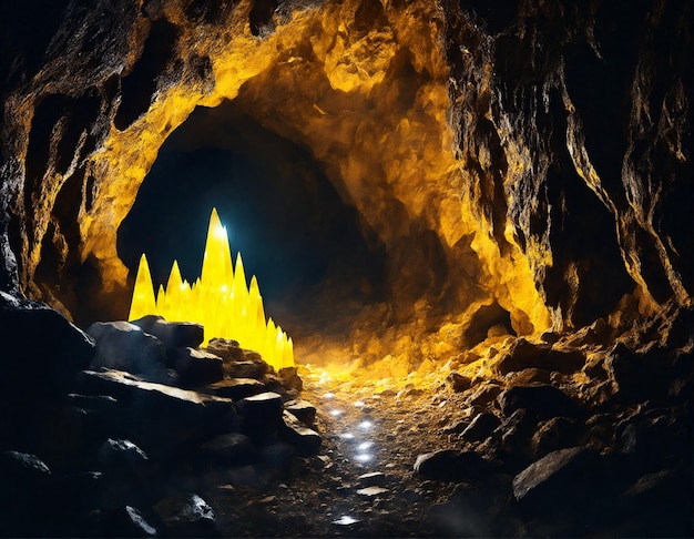 Misteriosa grotta sotterranea con cristalli luminosi e un oscuro paesaggio sotterraneo fluviale