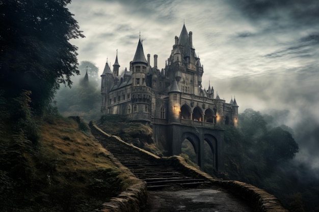 Misteriosa nebbia che avvolge un castello infestato Halloween sfondo inquietante